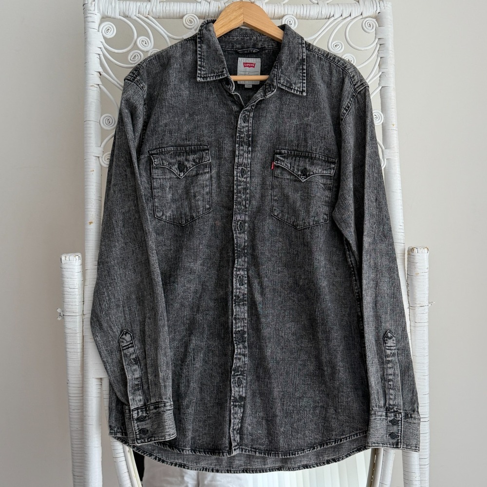 Levis Denim Shirt Mens Large Black Button Up Long Sleeve Acid Wash Western Retro
